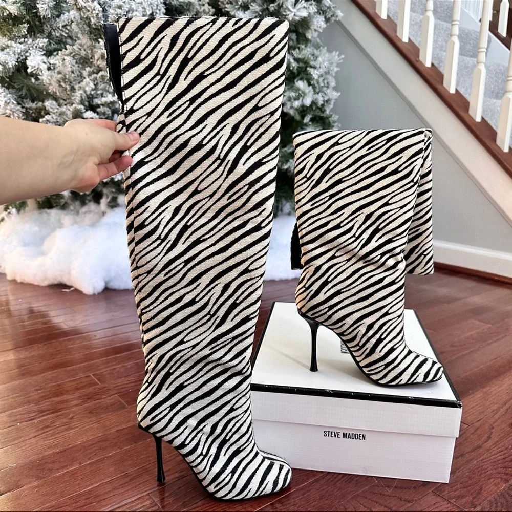 Steve Madden Alluring Zebra Black White Over the Knee Square Toe Heeled Boots
